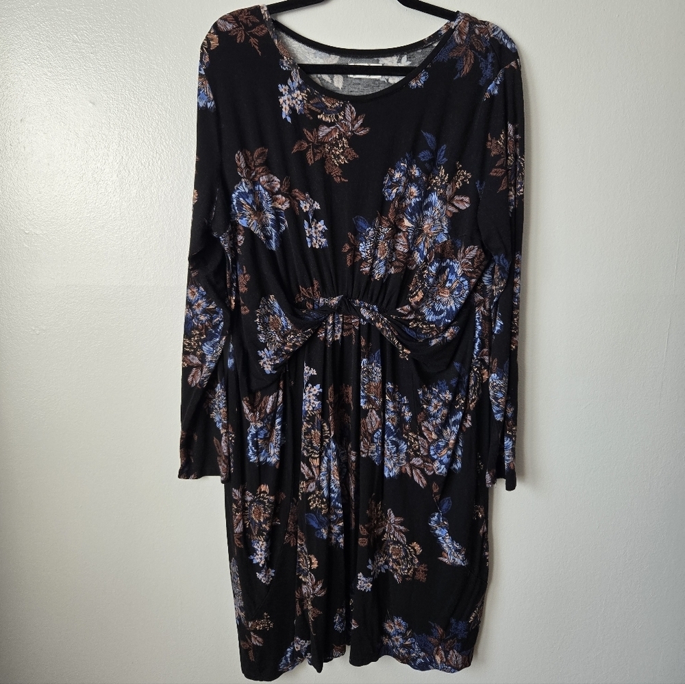 Maurices Black Floral Knot Front Dress Long Sleeve Knit Midi Faux Wrap Size XXL - Picture 2 of 5